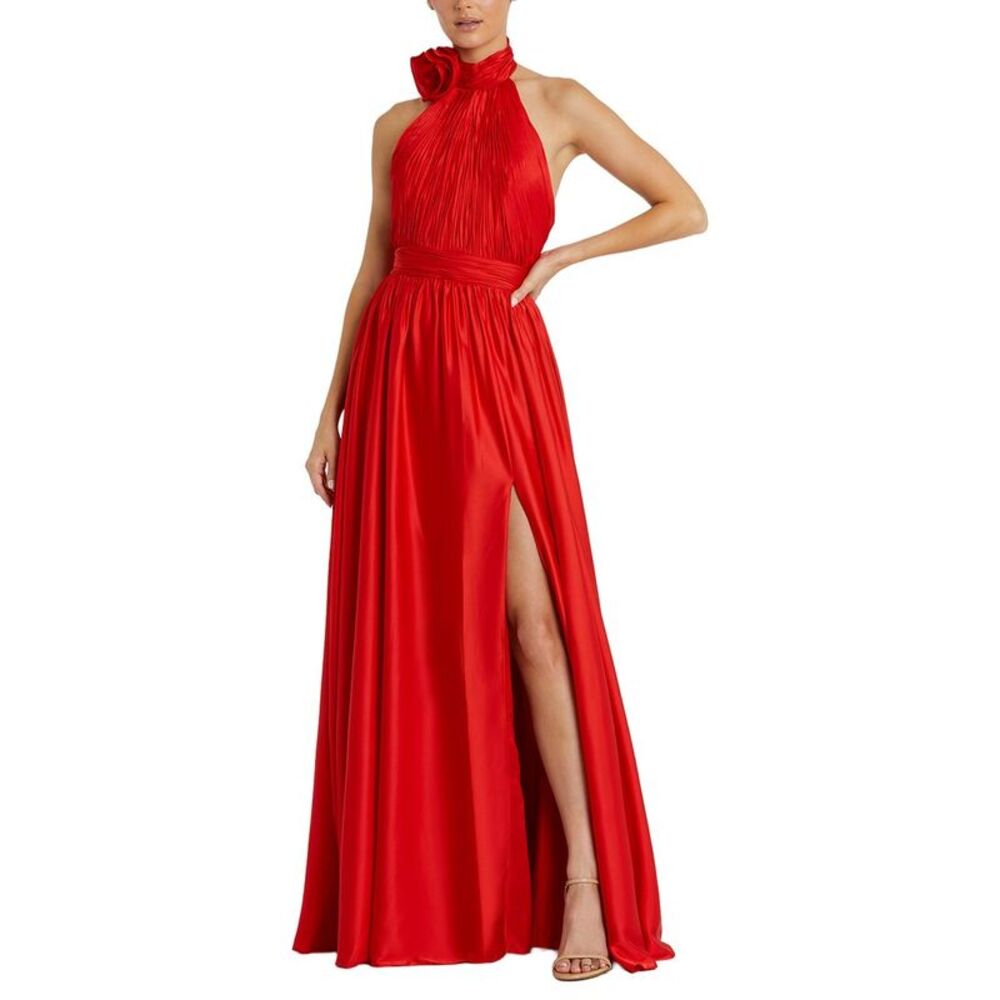 Elegant Red Halter Gown with Side Slit - Brand